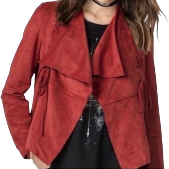 Miss Me Burnt Orange Faux Suede Drapey Collared Short Open Front Western Jacket - Picture 3 of 14